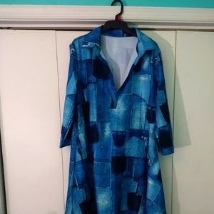 Jean print patchwork hi low dress with button up collar.